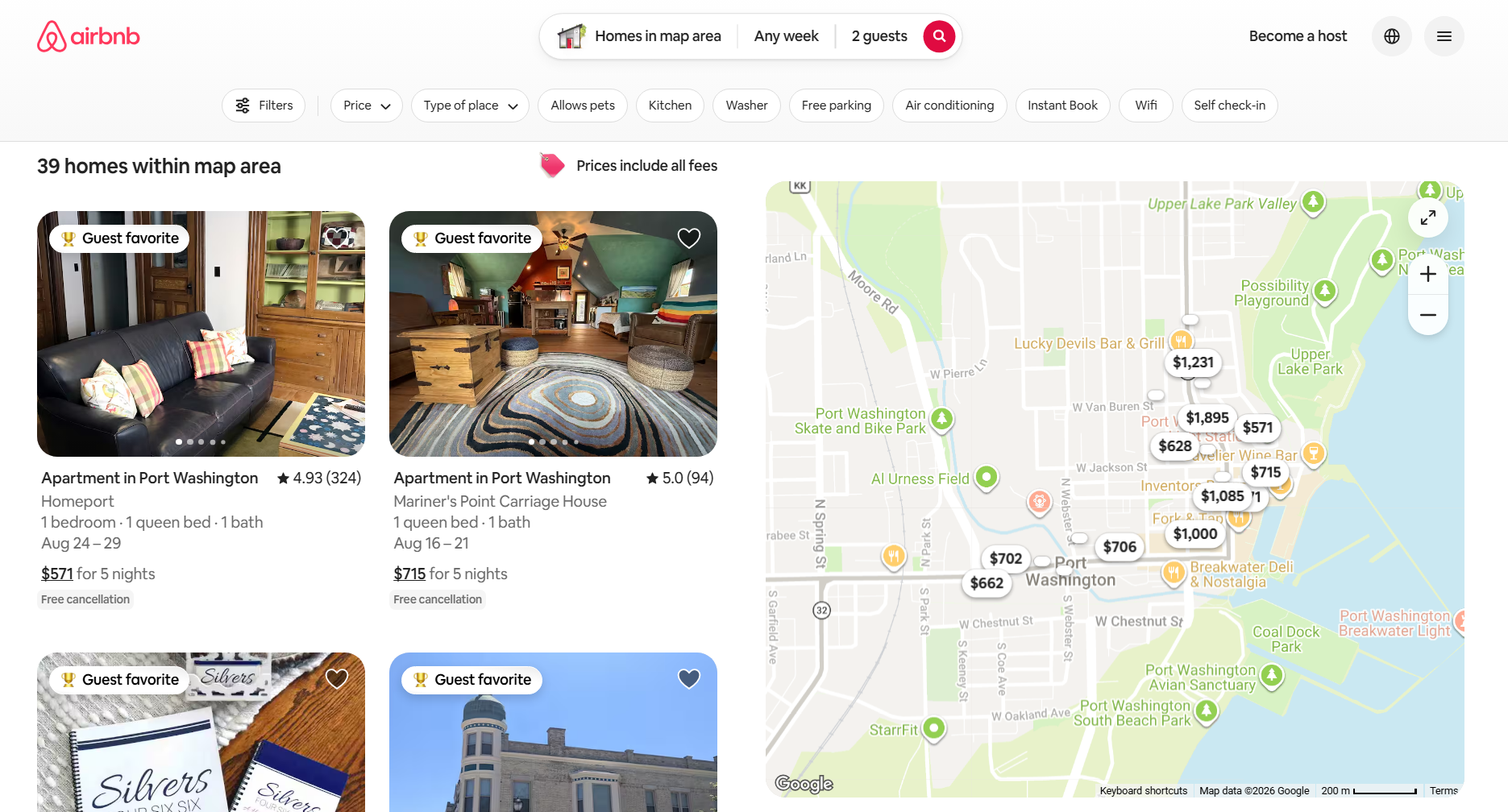 Airbnb filtered page of Port Washington options