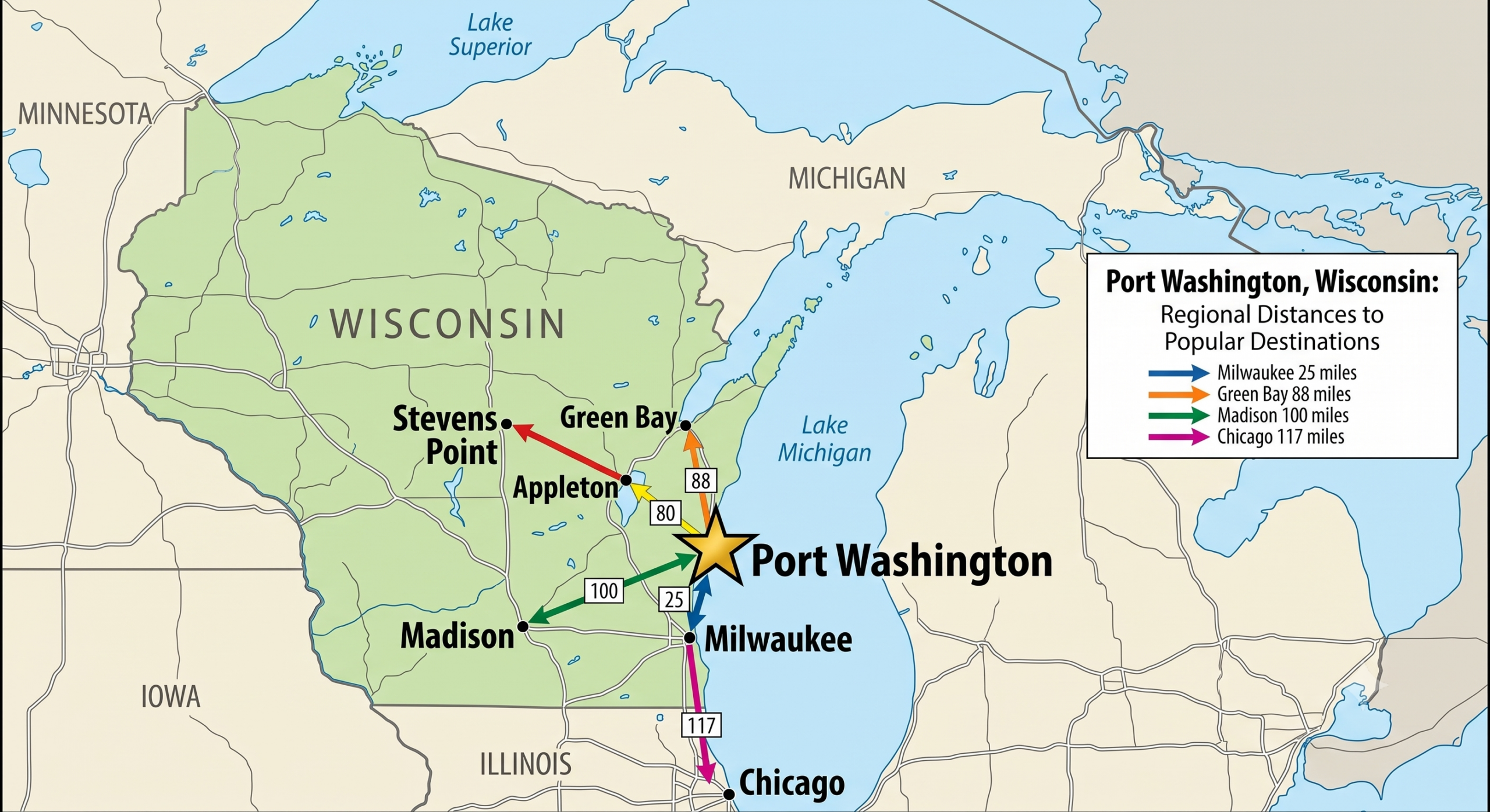 Map of Wisconsin showing distances between popular destinations