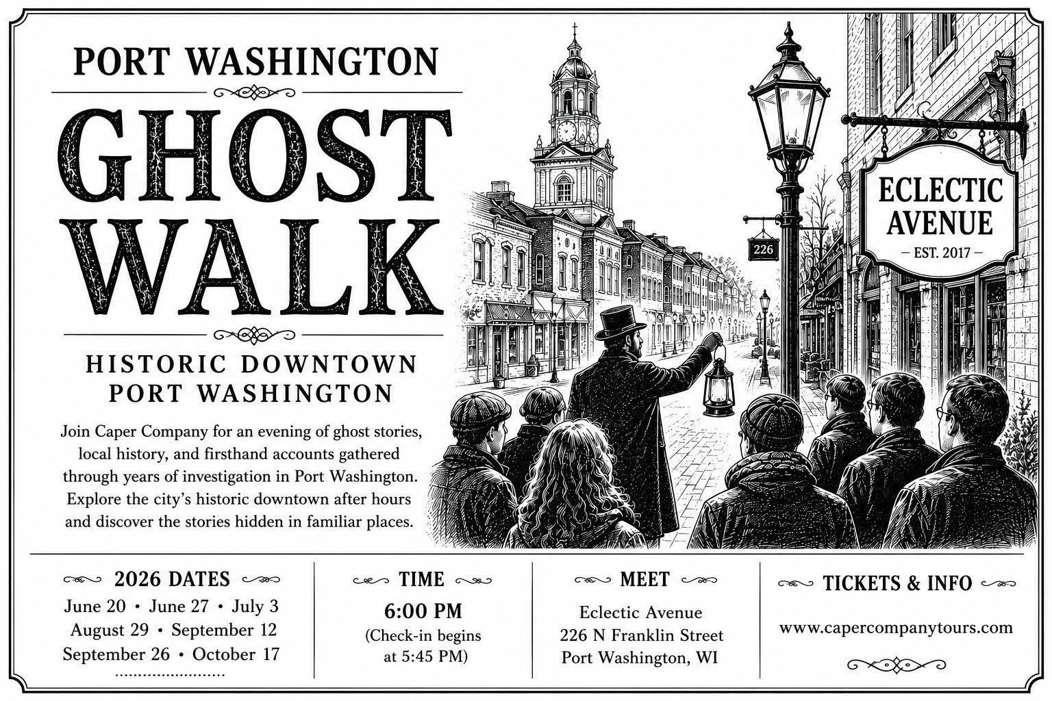 PW Ghost Walks 2026 Caper Company Ghost Walk poster for Port Washington