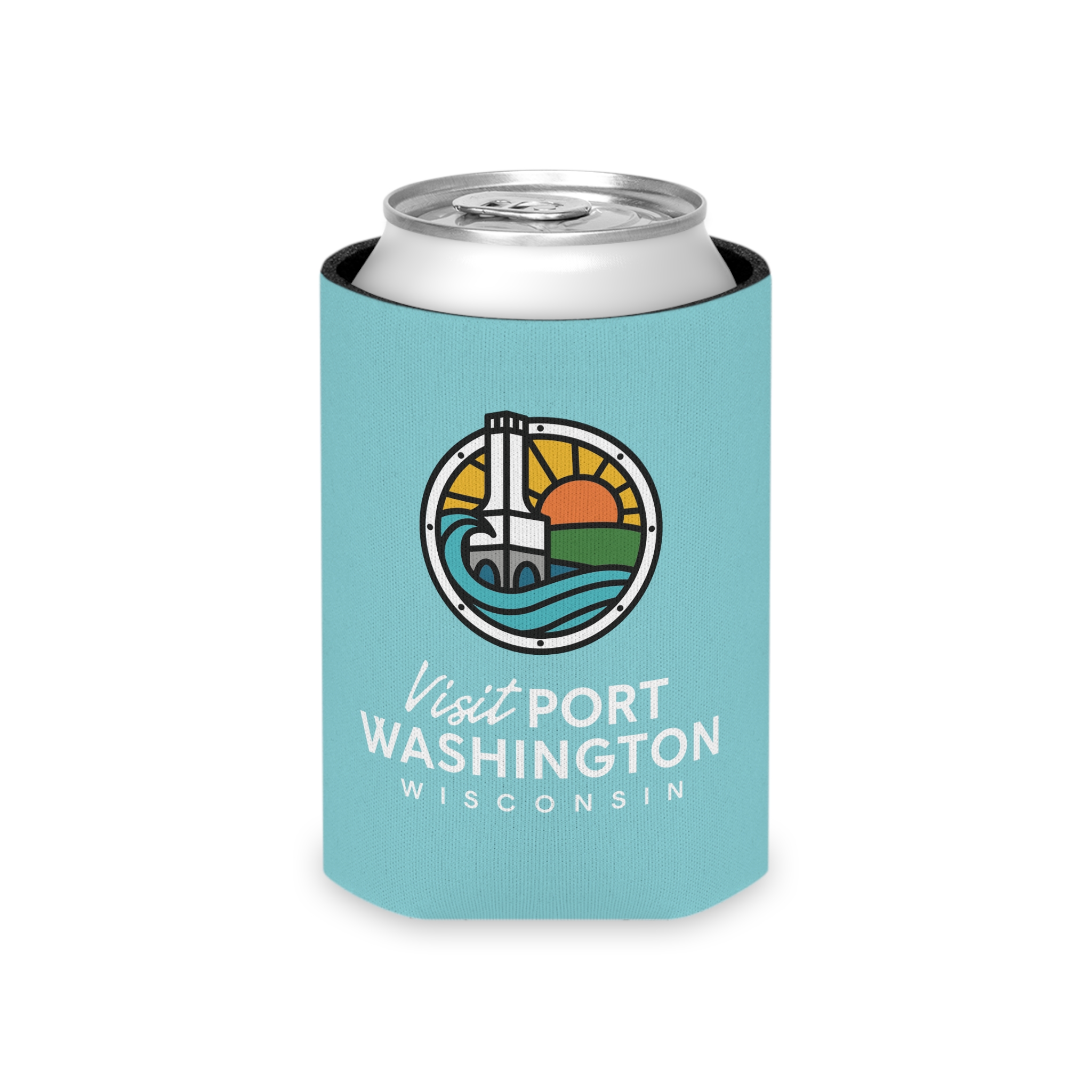 Visit Port Washington Wisconsin Can Koozie | Lighthouse Design - Image 4