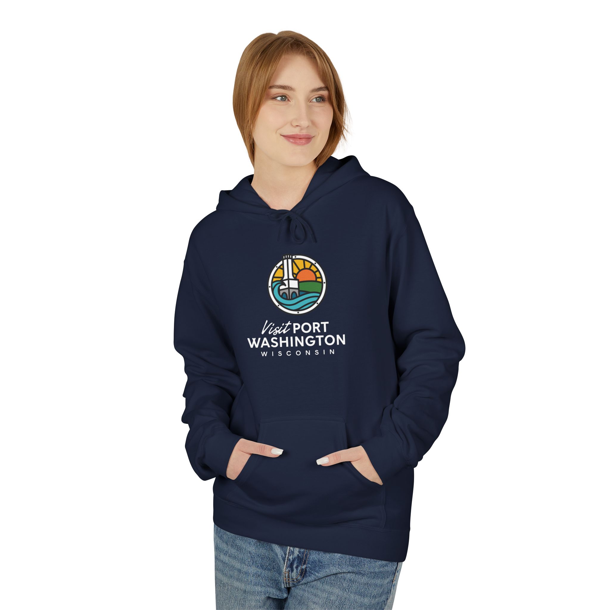Visit Port Washington Hoodie | Coastal Stained Glass Design - Image 23
