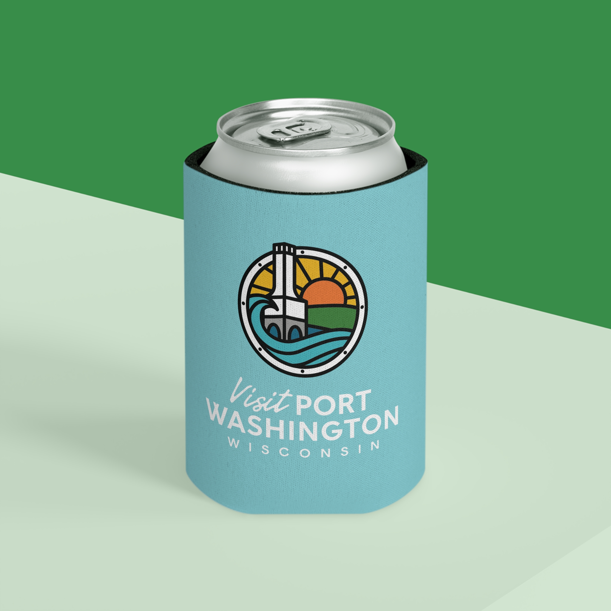 Visit Port Washington Wisconsin Can Koozie | Lighthouse Design